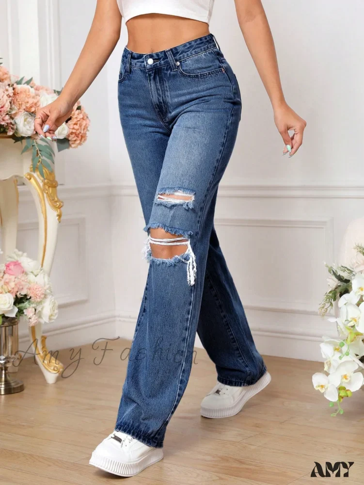 Amy Fashion - Ripped Straight Leg Jeans - Image 8