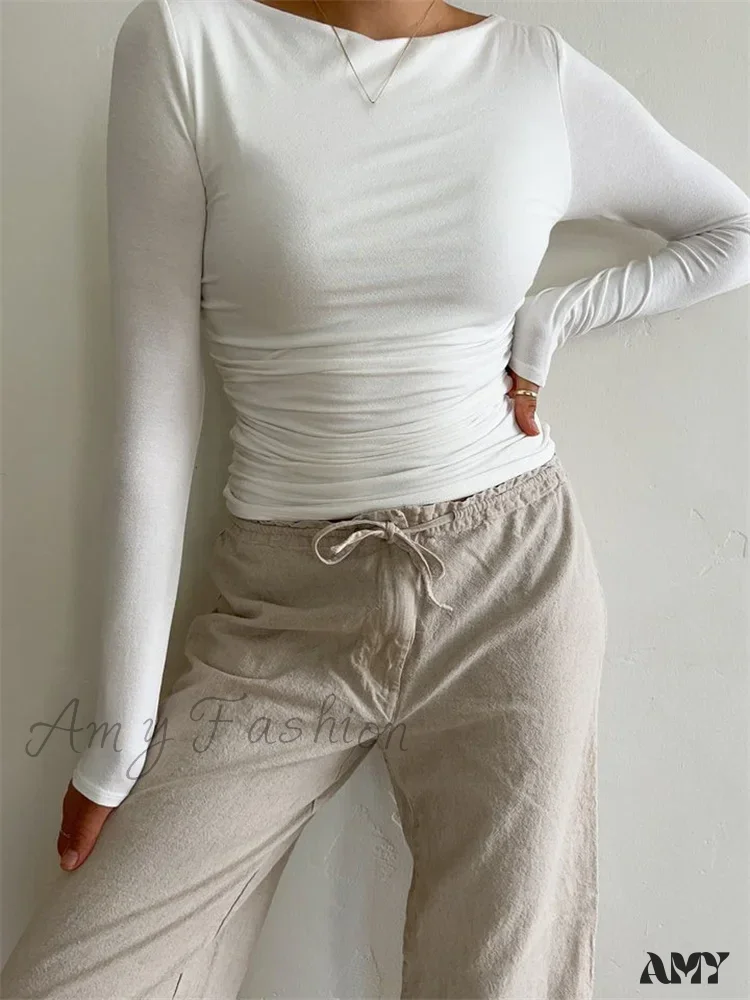 Amy Fashion - Ruched Casual Slim Fit Pullovers Long Sleeve T-Shirts - Image 2
