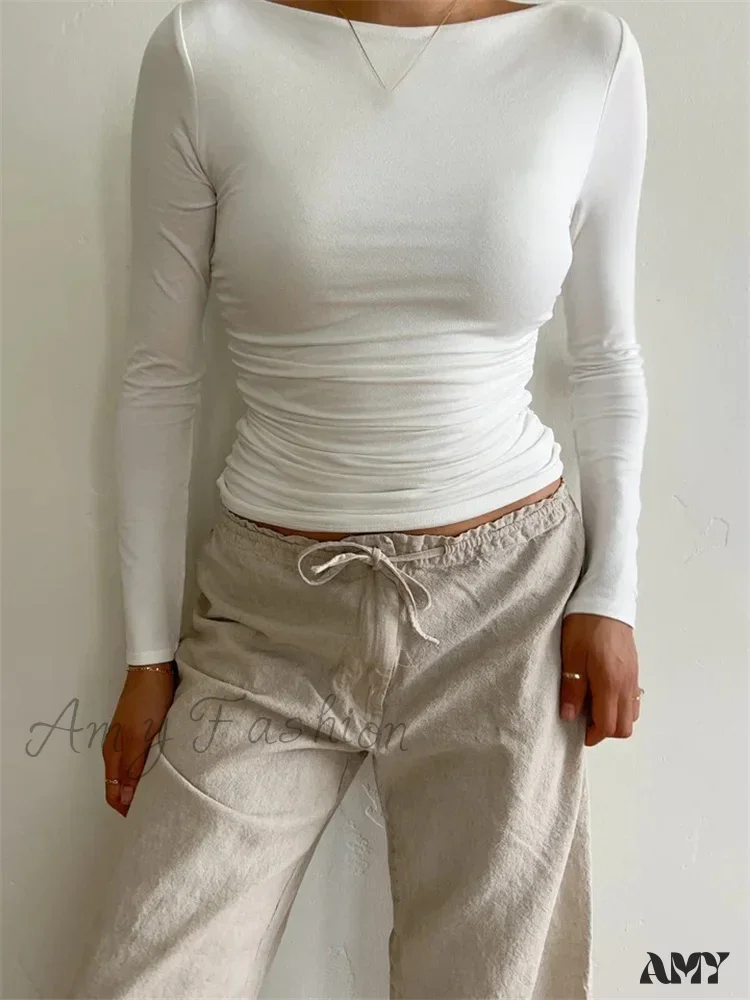 Amy Fashion - Ruched Casual Slim Fit Pullovers Long Sleeve T-Shirts - Image 3