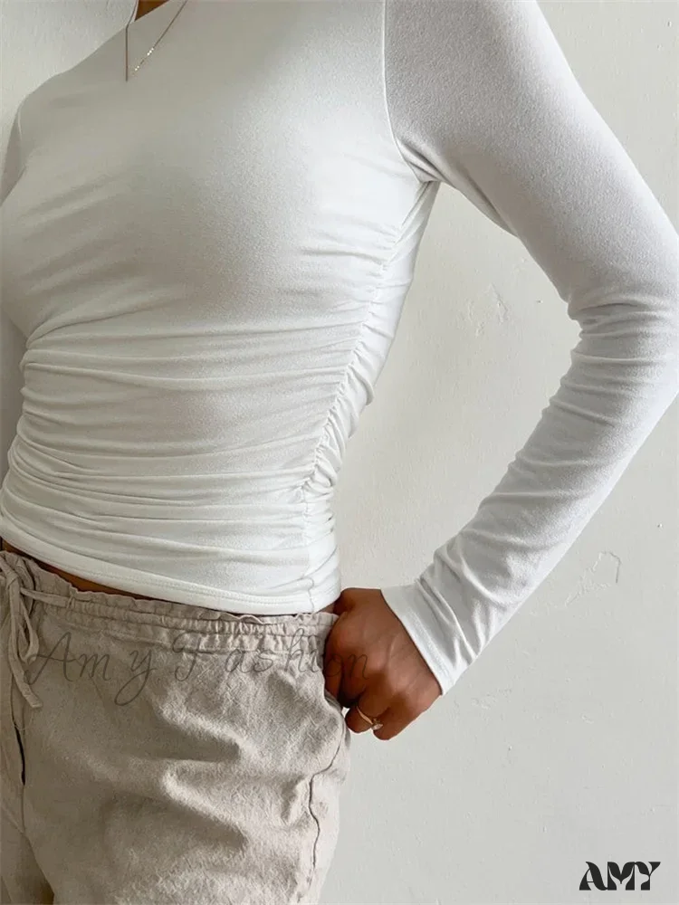 Amy Fashion - Ruched Casual Slim Fit Pullovers Long Sleeve T-Shirts - Image 4