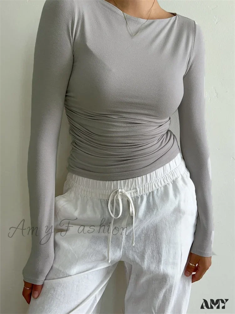Amy Fashion - Ruched Casual Slim Fit Pullovers Long Sleeve T-Shirts - Image 5