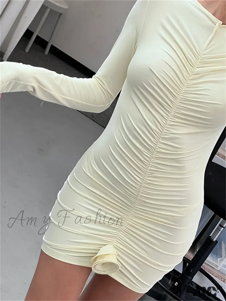 Amy Fashion - Ruched Long Sleeve Round Neck Flower Patchwork Mini Dress - Image 2