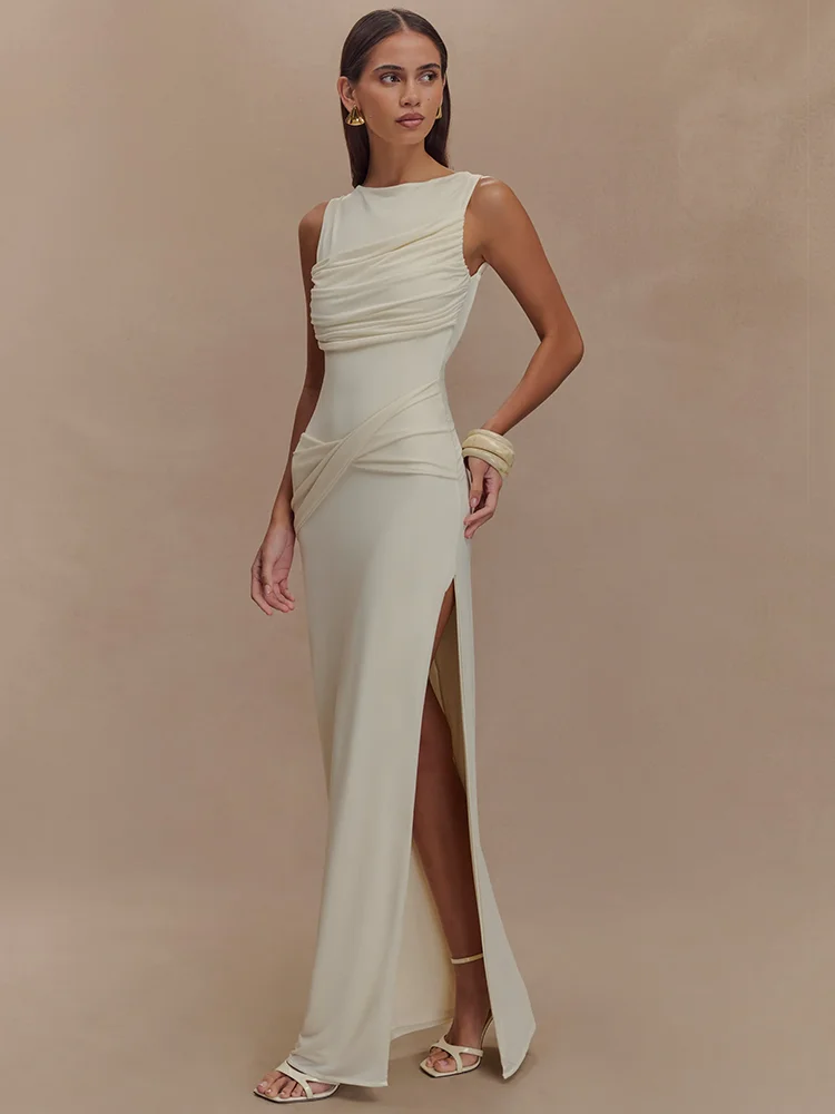Ruched O Neck Split Maxi Bodycon Dress - Image 2