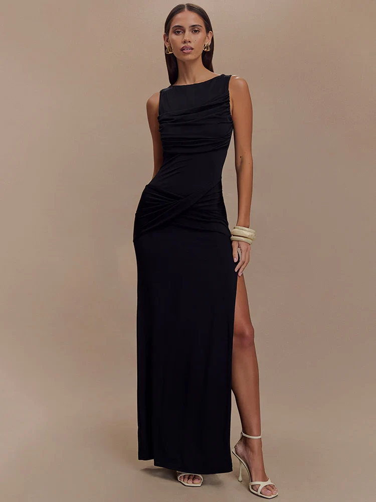 Ruched O Neck Split Maxi Bodycon Dress - Image 4
