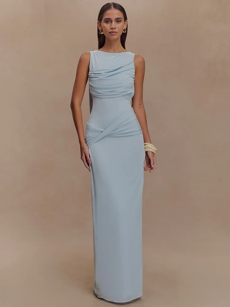 Ruched O Neck Split Maxi Bodycon Dress - Image 6