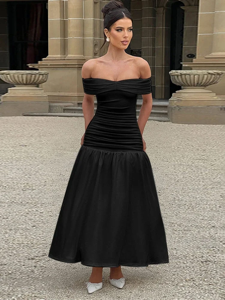 Ruched One-Shoulder A-Line Maxi Dress
