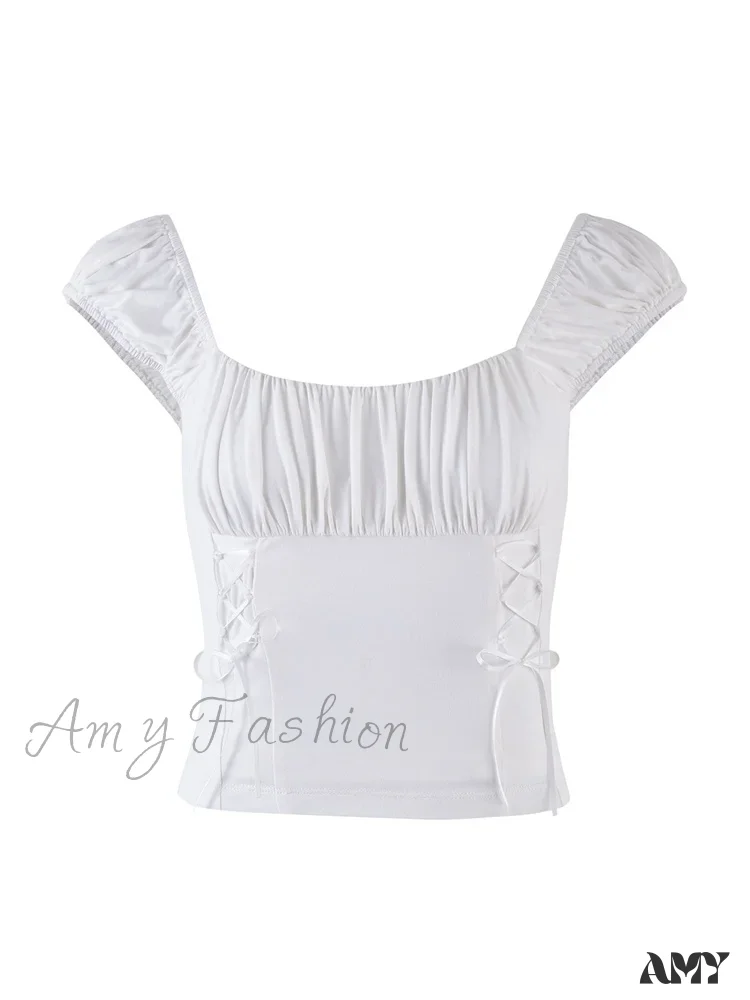 Amy Fashion - Ruched Short Slim Fit Short Sleeve Side Tie Up Solid Color T-shirts - Image 6