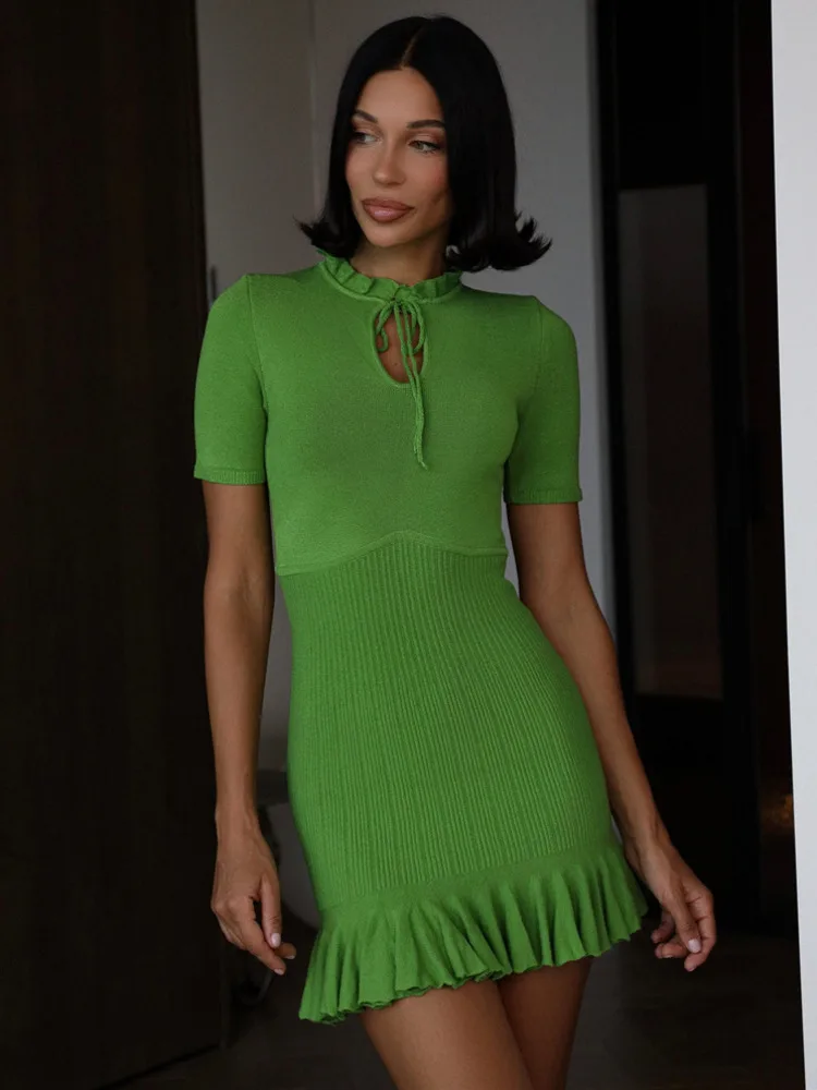 Ruffle Hollow Ribbed Pullover Bodycon Dress - Image 3