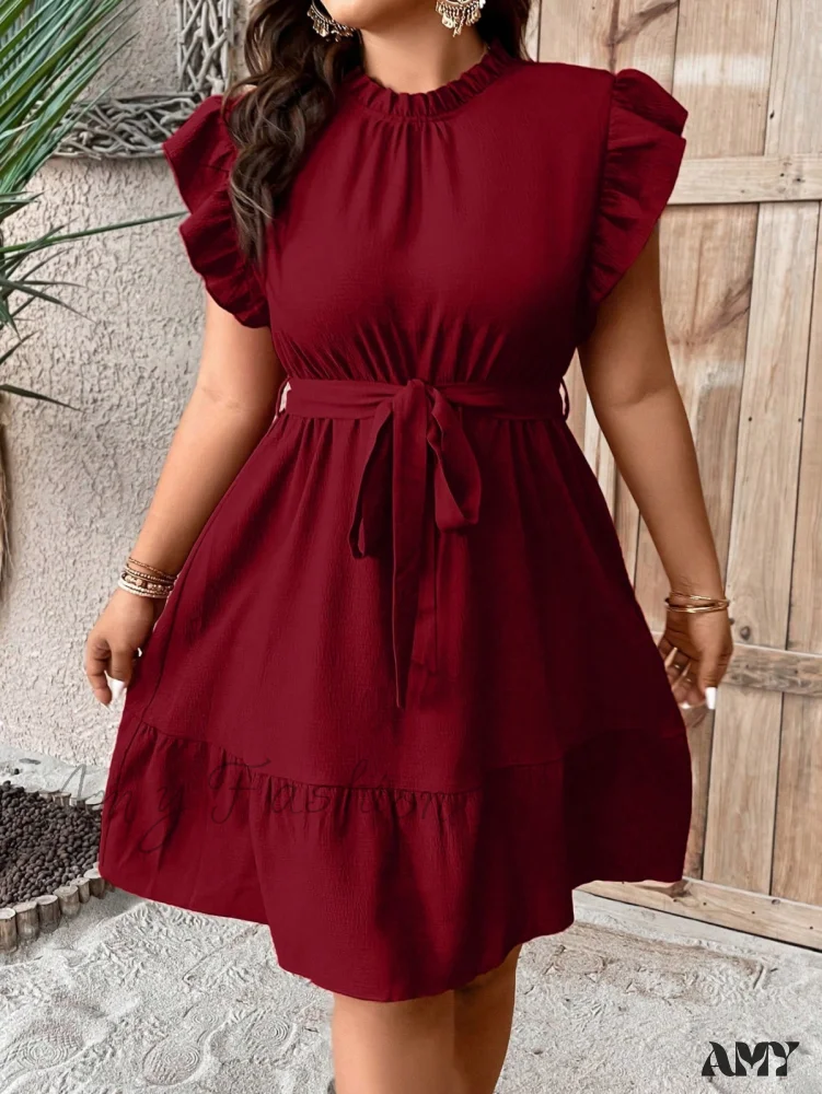 Amy Fashion - Ruffle Trim Belted Dress - Image 14