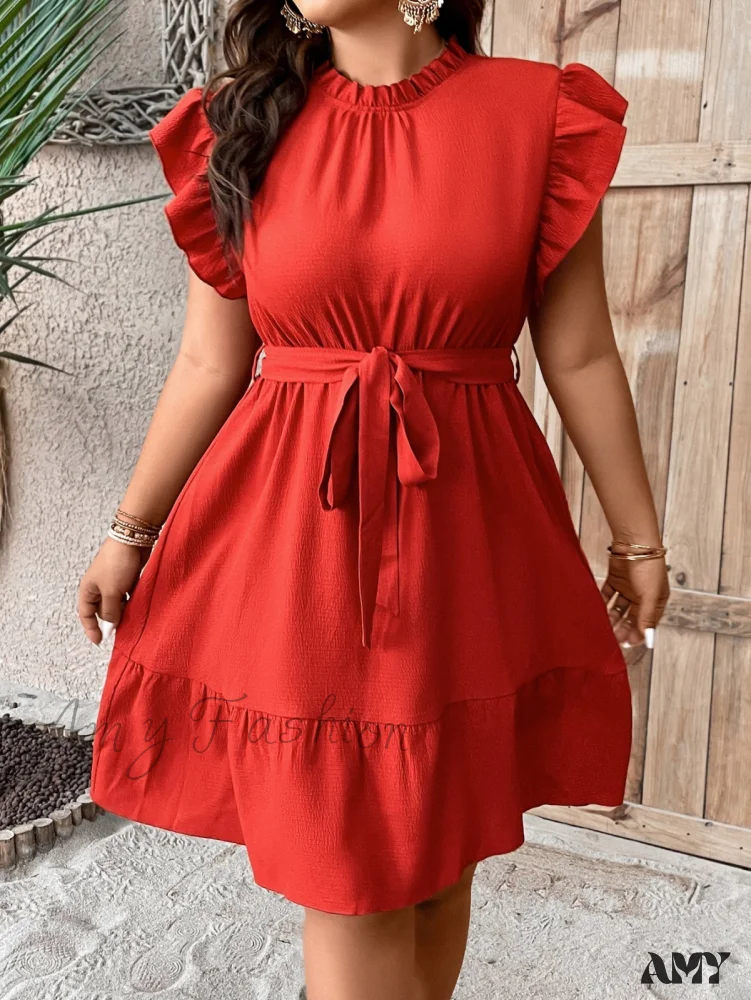Amy Fashion - Ruffle Trim Belted Dress - Image 6