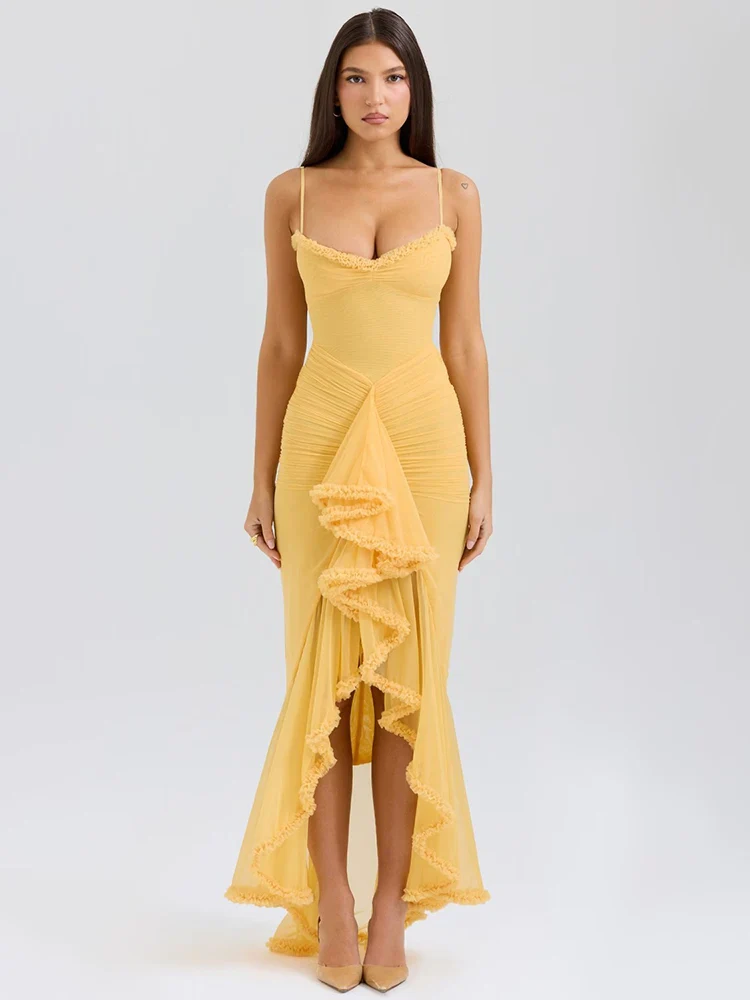 Ruffled Draped Yellow Maxi Bodycon Dress