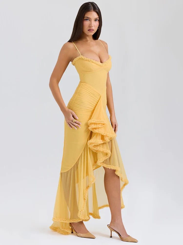 Ruffled Draped Yellow Maxi Bodycon Dress - Image 2