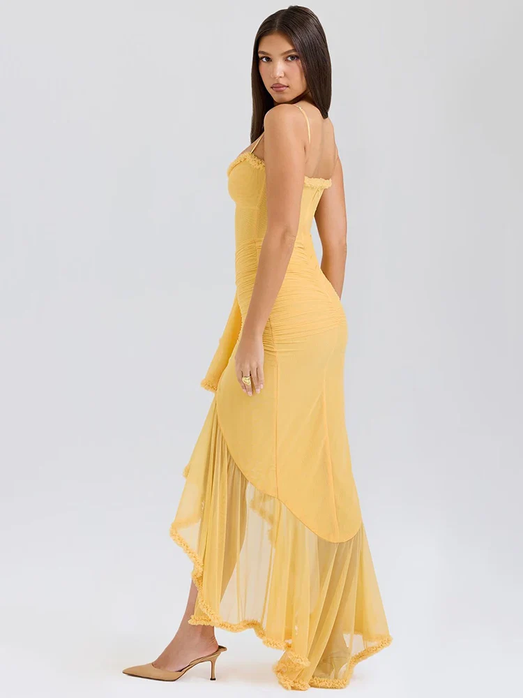 Ruffled Draped Yellow Maxi Bodycon Dress - Image 3