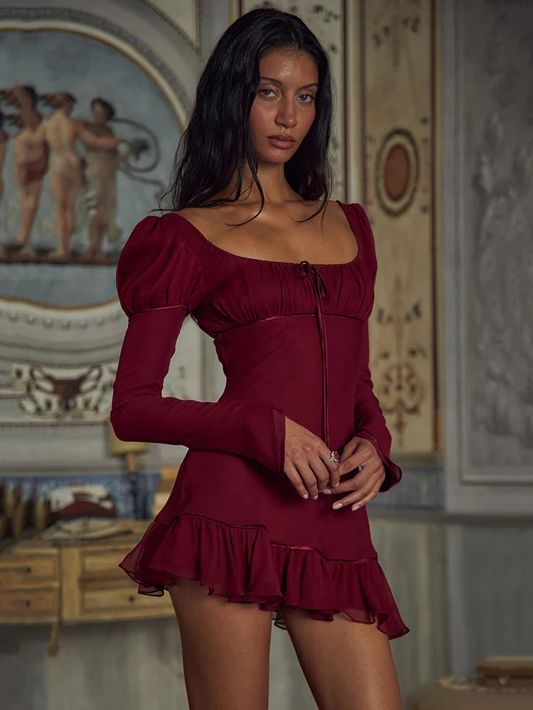 Ruffled Lace-up Square Neck Bodycon Dress - Image 2