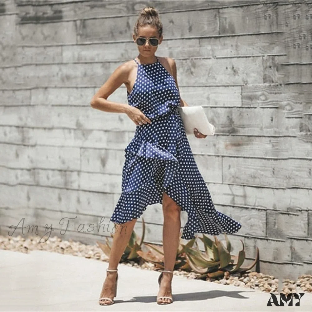 Amy Fashion - Ruffles Halter Irregular Lace Up Dress - Image 7