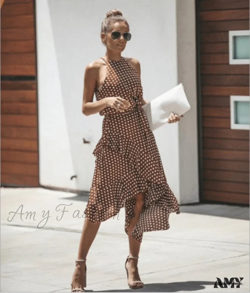 Amy Fashion - Ruffles Halter Irregular Lace Up Dress - Image 9
