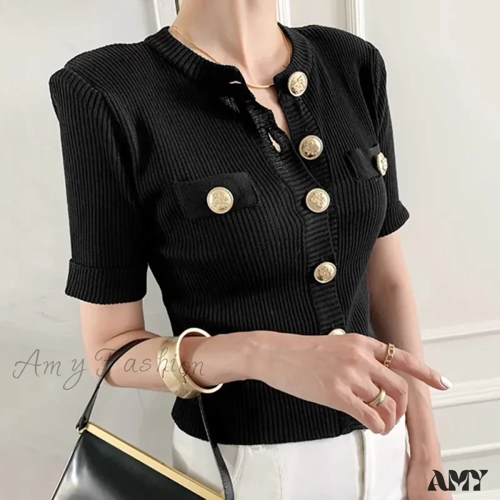 Runway Chic Elegant O-neck Big Button Slim Short Knitting Sweater - Image 2