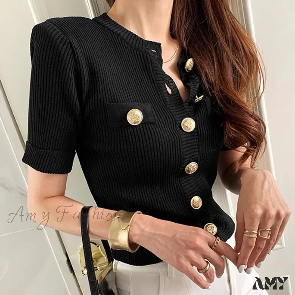 Runway Chic Elegant O-neck Big Button Slim Short Knitting Sweater - Image 3