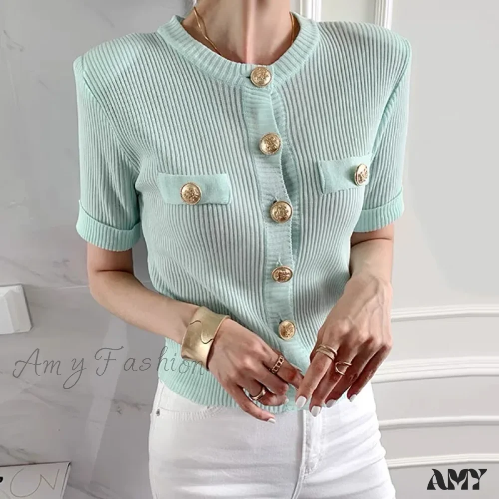 Runway Chic Elegant O-neck Big Button Slim Short Knitting Sweater - Image 4
