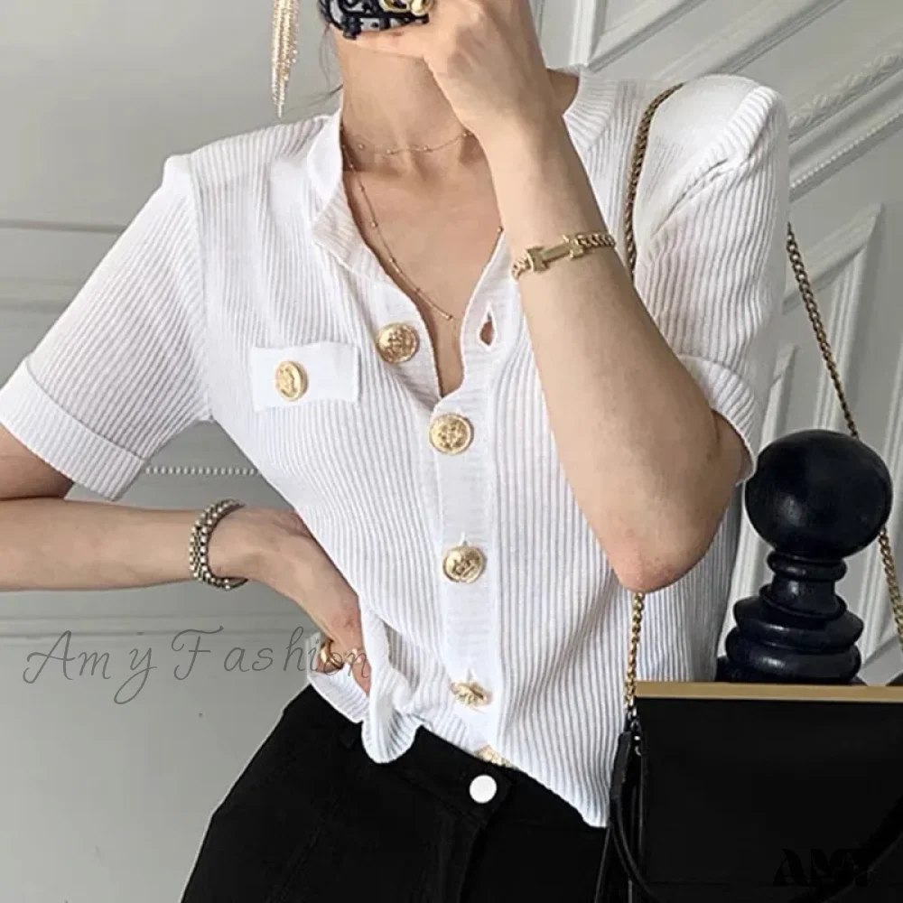 Runway Chic Elegant O-neck Big Button Slim Short Knitting Sweater - Image 5