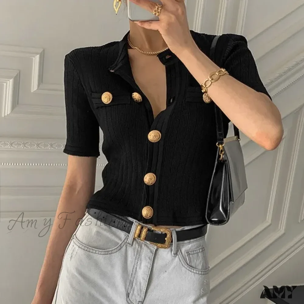Runway Chic Elegant O-neck Big Button Slim Short Knitting Sweater - Image 6