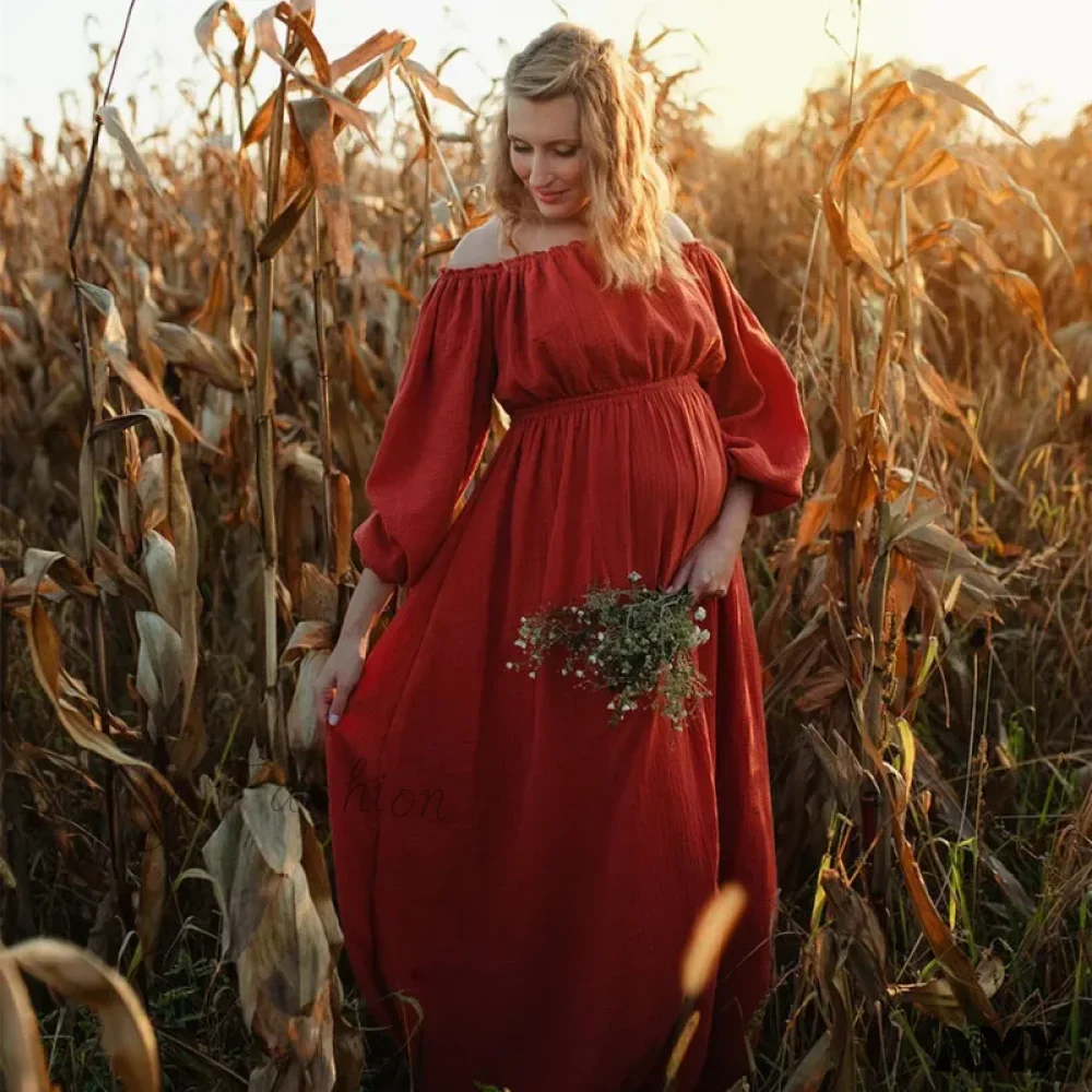 Amy Fashion - Rust Slash Neck Bohemian Pregnancy Boho Dress - Image 2