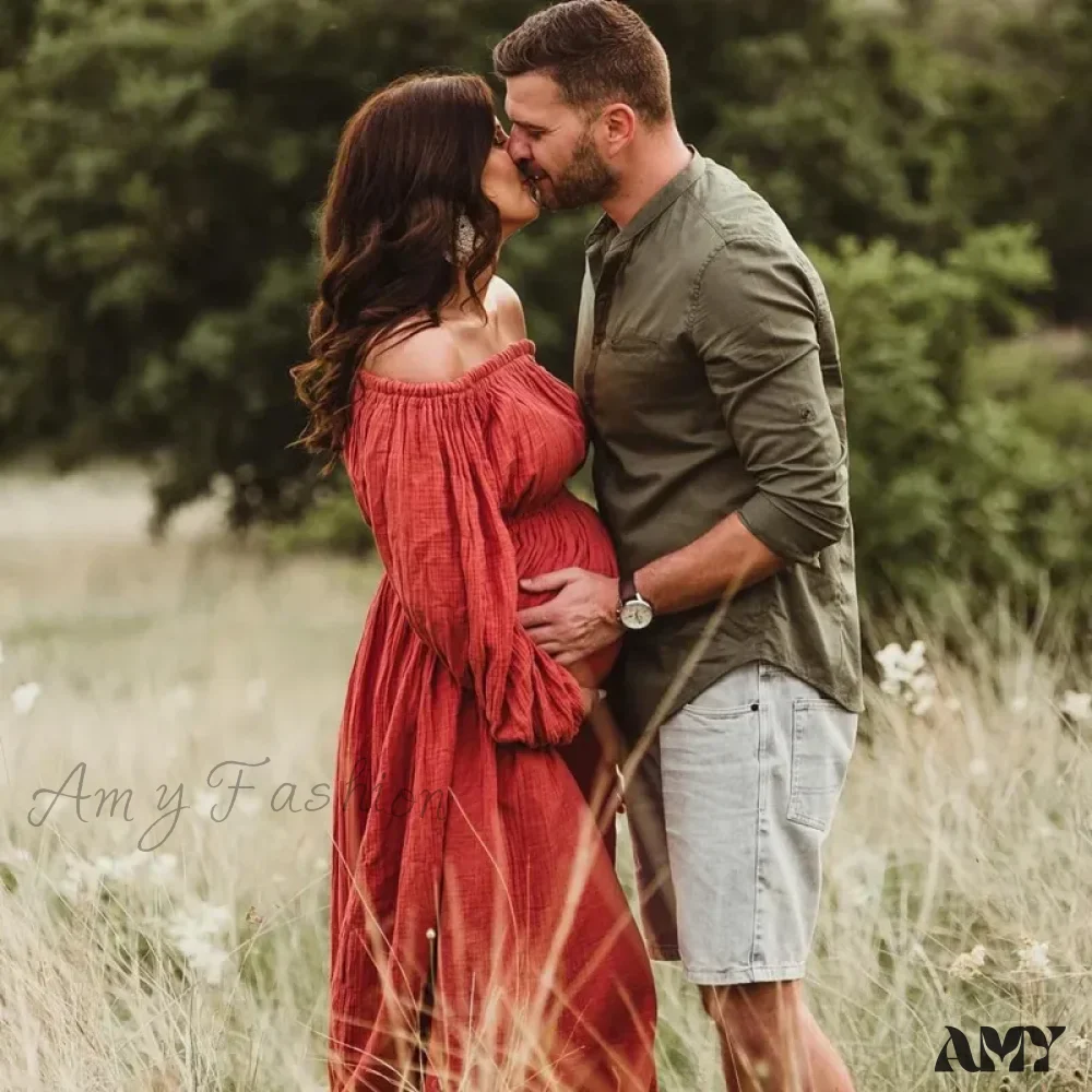Amy Fashion - Rust Slash Neck Bohemian Pregnancy Boho Dress - Image 3