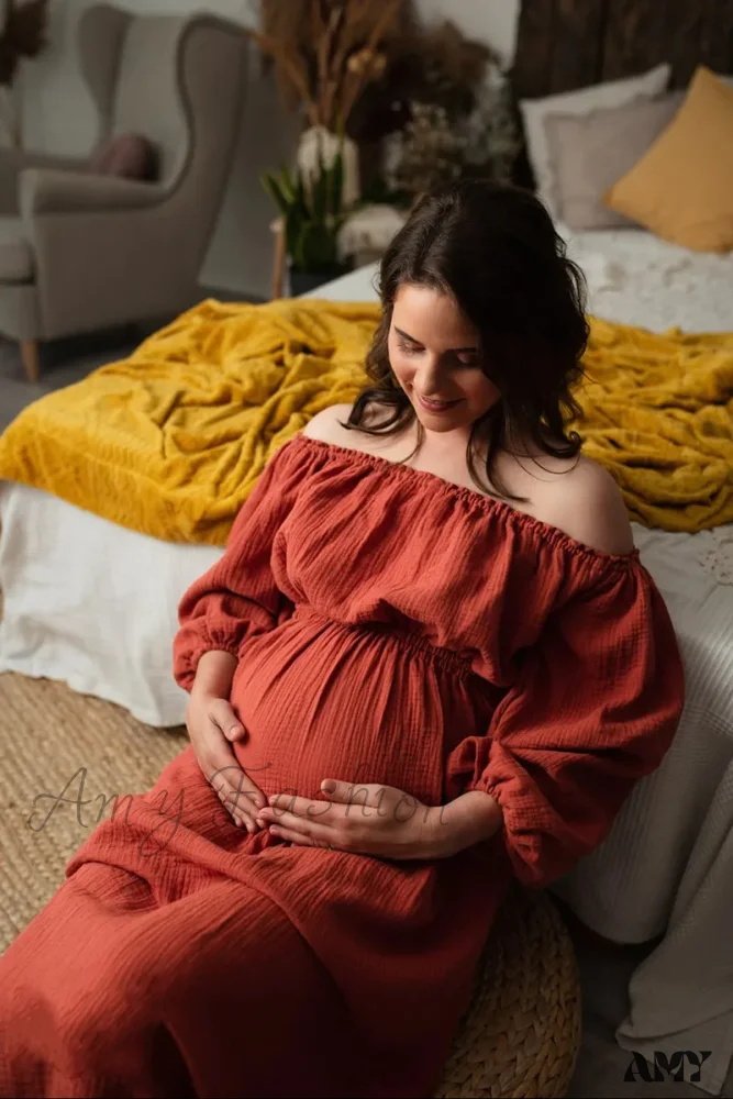 Amy Fashion - Rust Slash Neck Bohemian Pregnancy Boho Dress - Image 5