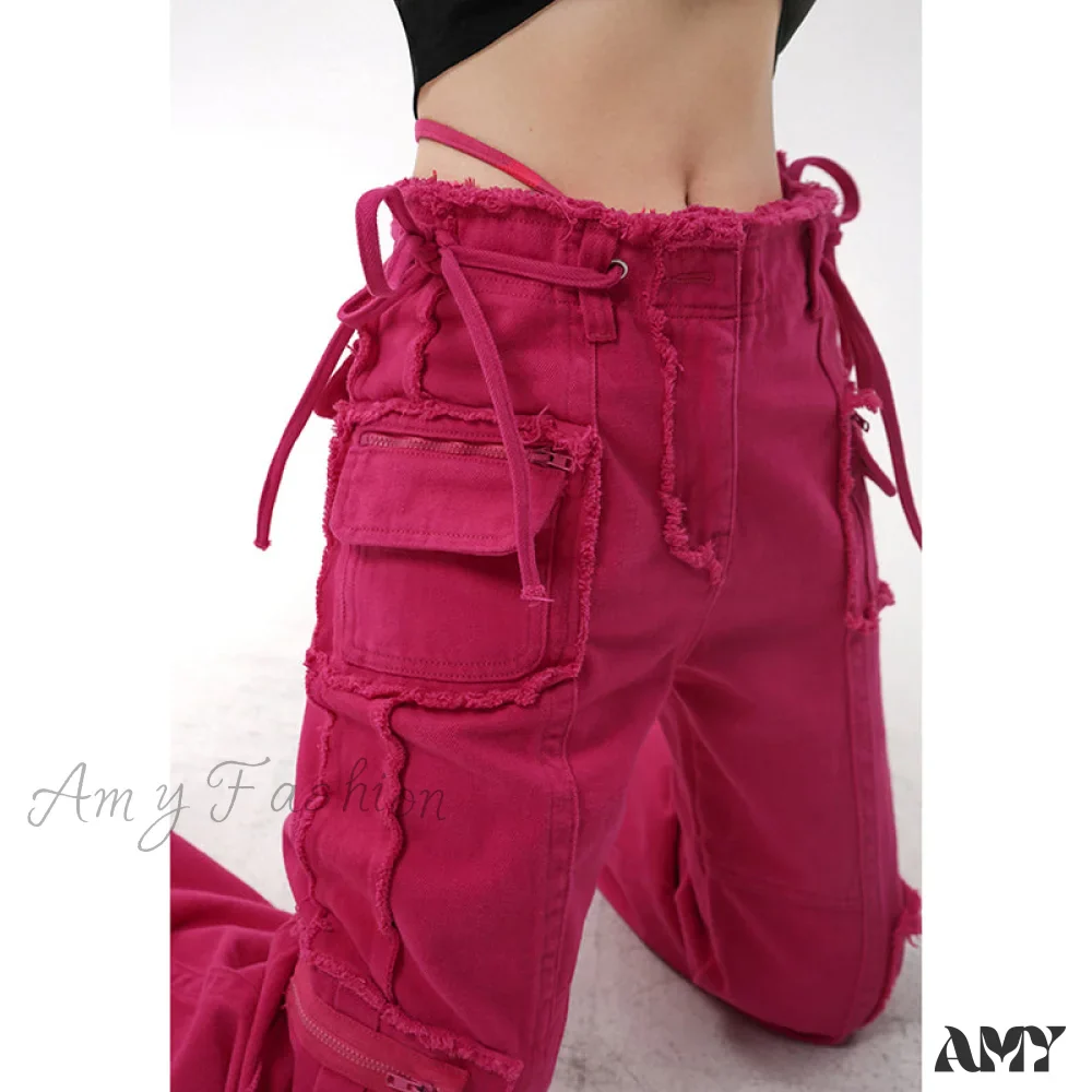 Amy Fashion - Hip Hop Red Vintage Cargo Jeans - Image 2