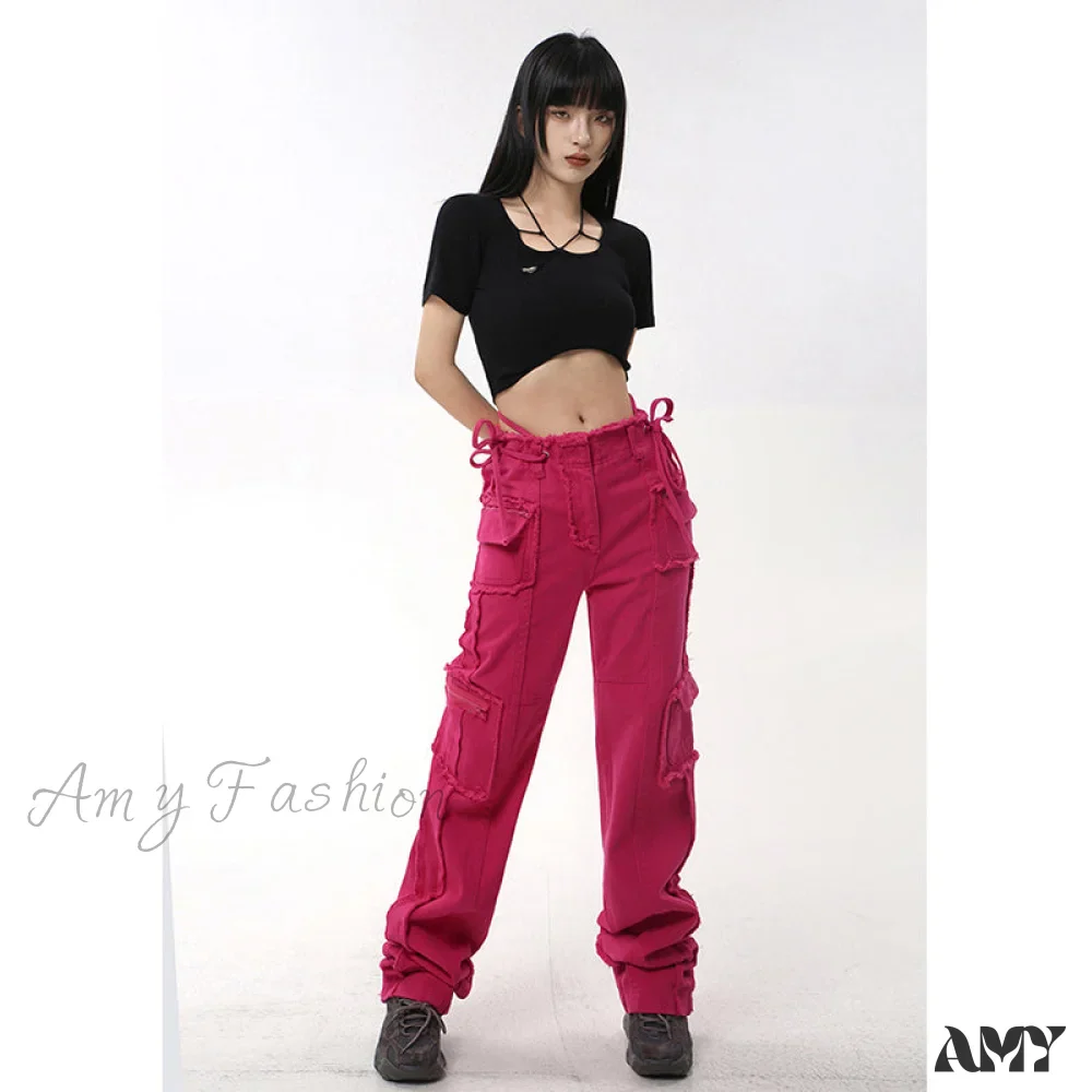 Amy Fashion - Hip Hop Red Vintage Cargo Jeans - Image 3