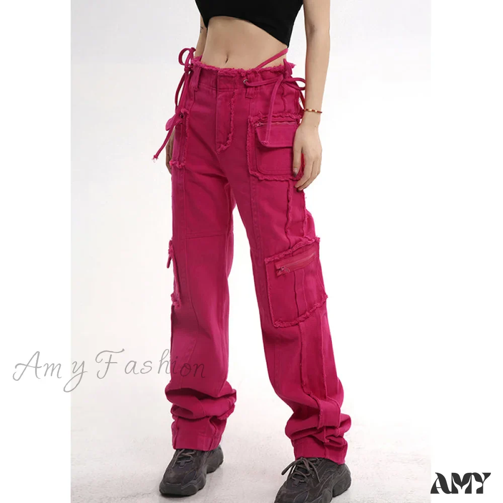 Amy Fashion - Hip Hop Red Vintage Cargo Jeans - Image 4