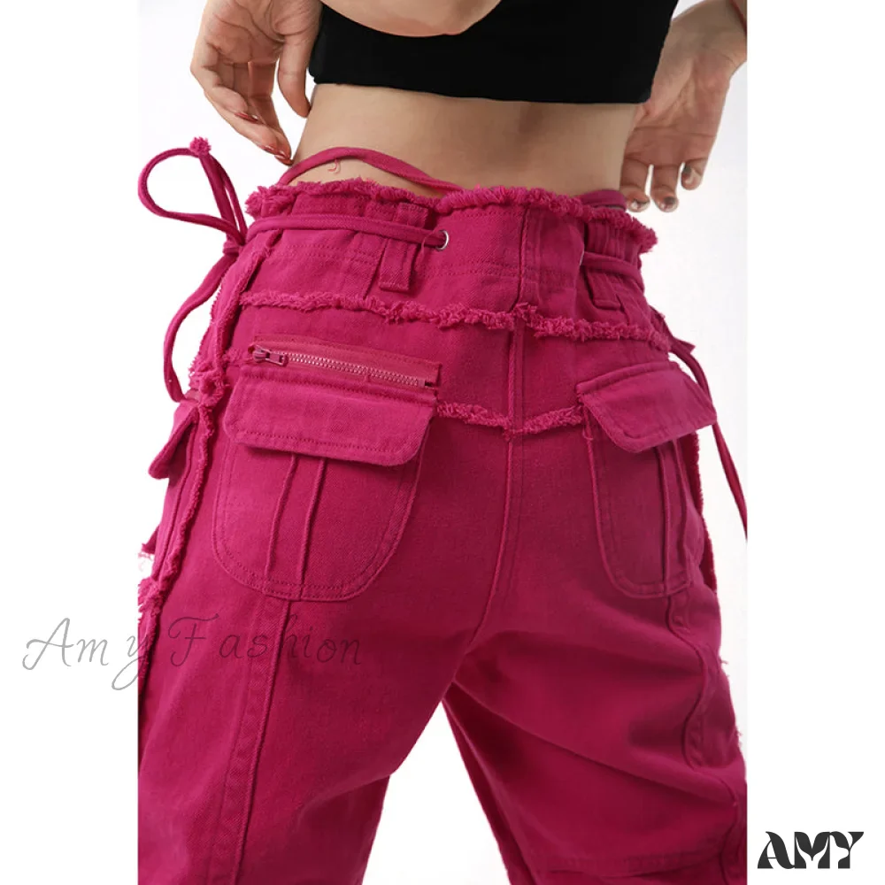 Amy Fashion - Hip Hop Red Vintage Cargo Jeans - Image 5
