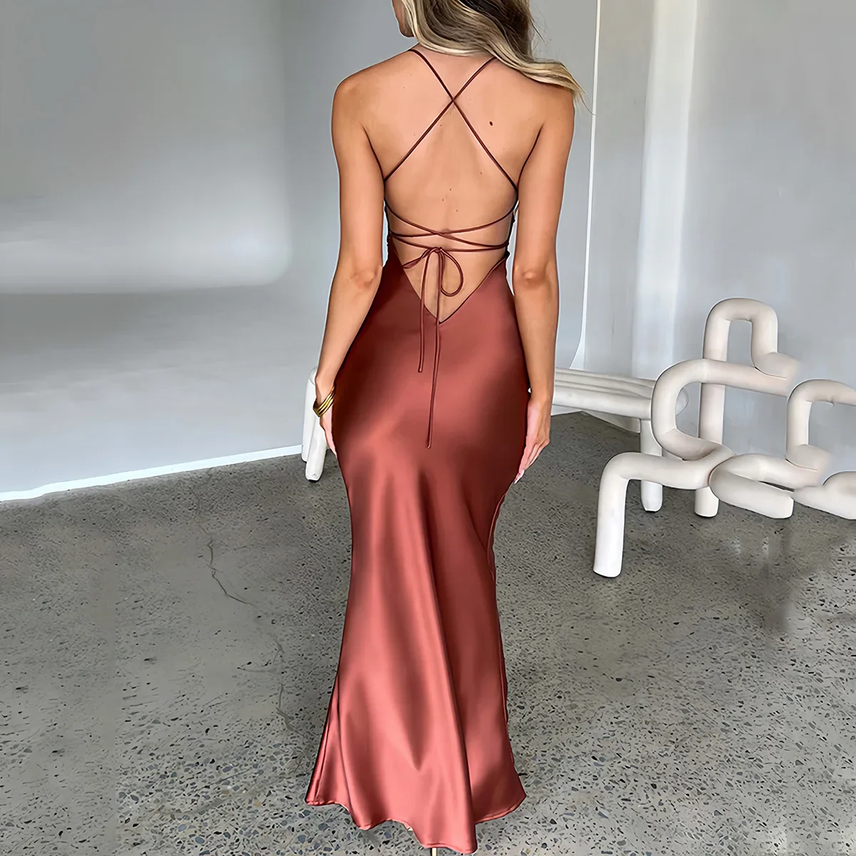 Satin Mermaid Lace-Up Maxi Dress - Image 2
