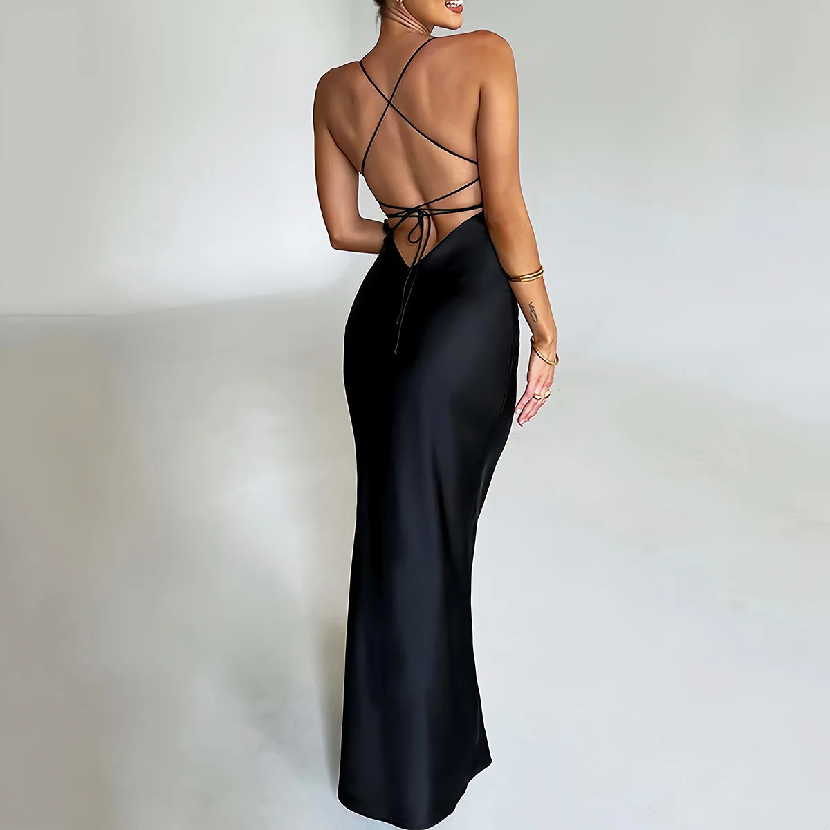 Satin Mermaid Lace-Up Maxi Dress - Image 4
