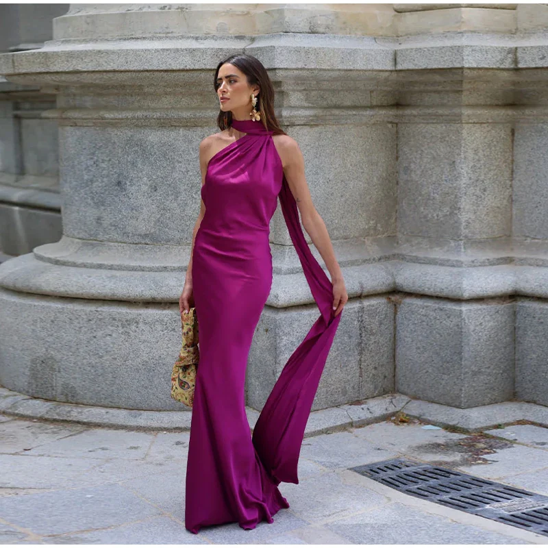 Satin Ribbon Halter Backless Maxi Dress - Image 9