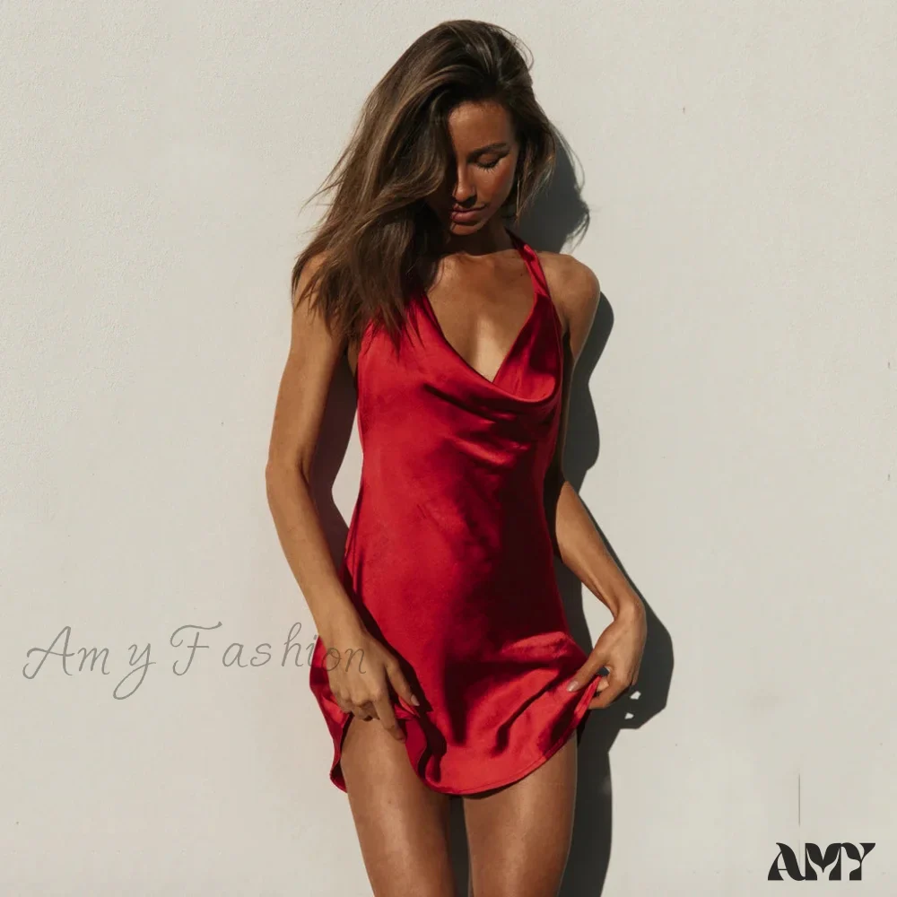 Amy Fashion - Satin Sexy Backless Bandage Bodycon Dresses - Image 10
