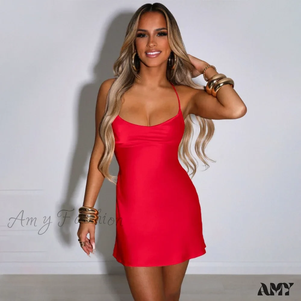 Amy Fashion - Satin V-Neck Spaghetti Strap Mini Party Dresses - Image 14