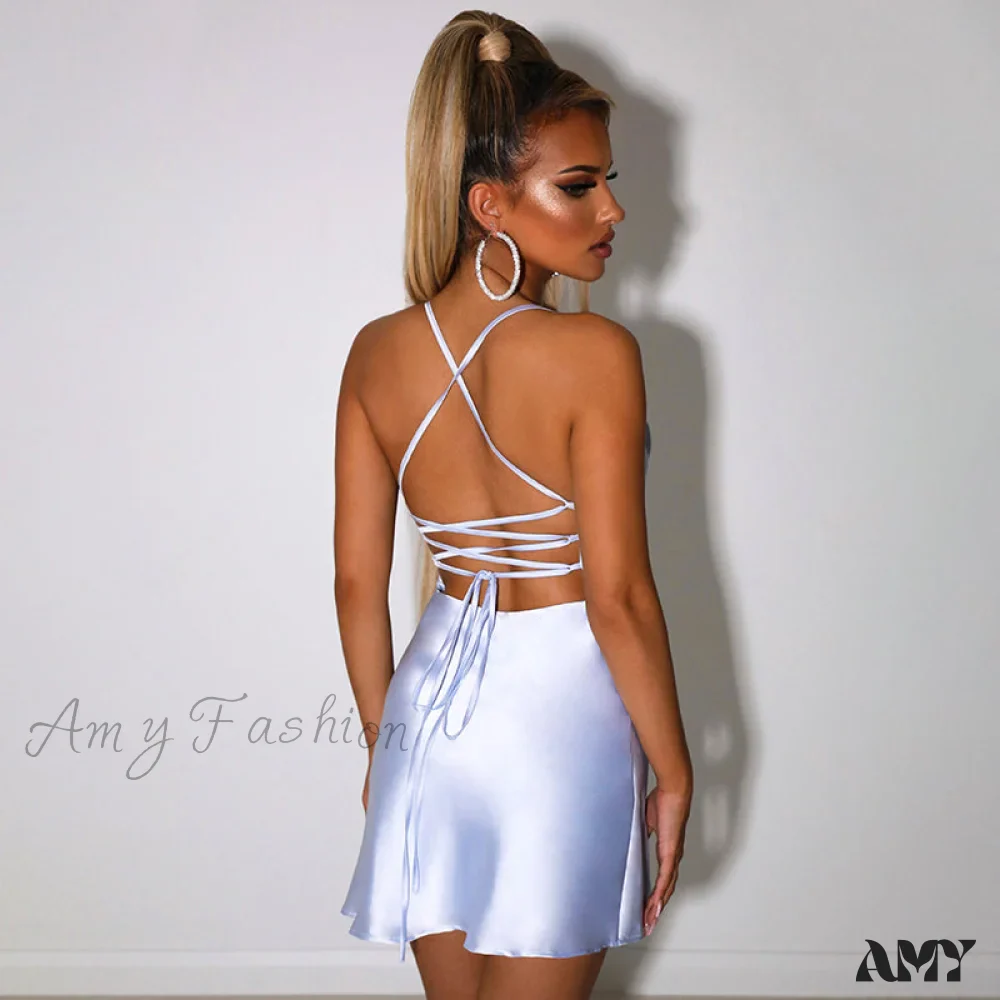 Amy Fashion - Satin V-Neck Spaghetti Strap Mini Party Dresses - Image 3