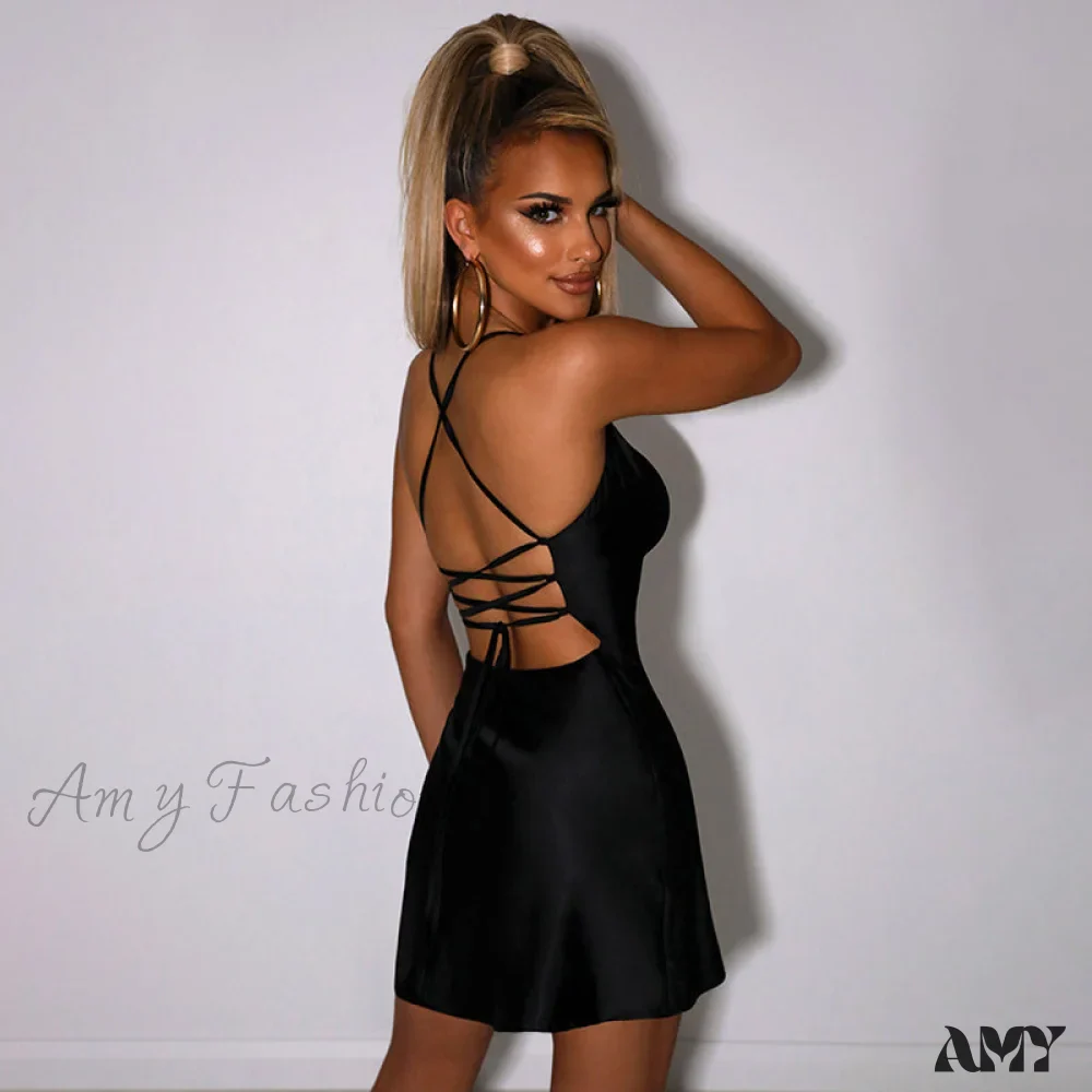 Amy Fashion - Satin V-Neck Spaghetti Strap Mini Party Dresses - Image 6