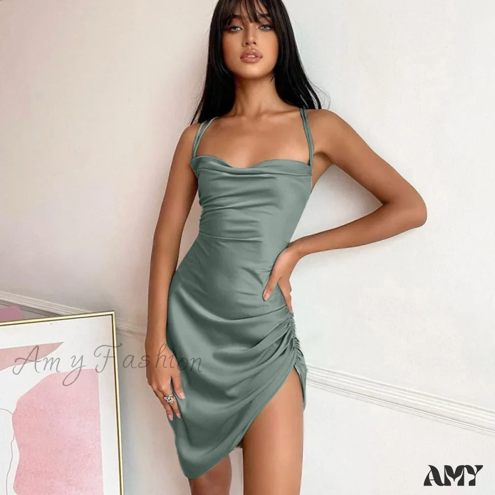 Amy Fashion - Satin Women Strap Mini Dress - Image 3