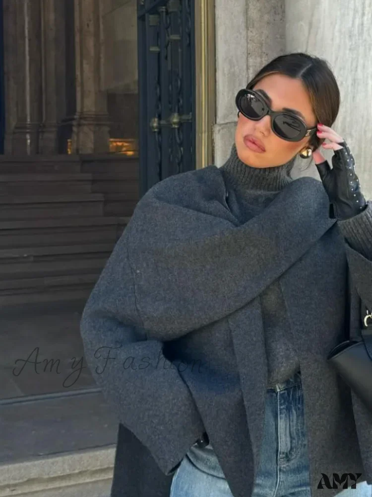 Scarf Decorated Woolen Casual Solid Long Sleeve Loose Warm Coat - Image 2