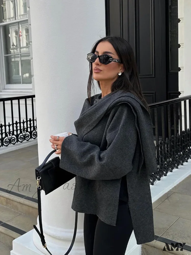 Scarf Decorated Woolen Casual Solid Long Sleeve Loose Warm Coat - Image 3
