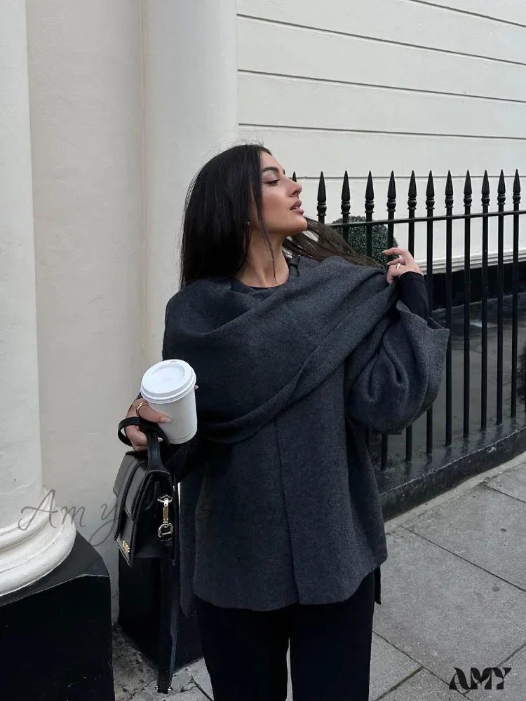 Scarf Decorated Woolen Casual Solid Long Sleeve Loose Warm Coat - Image 4