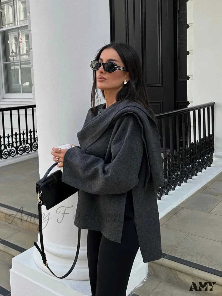Scarf Decorated Woolen Casual Solid Long Sleeve Loose Warm Coat - Image 7
