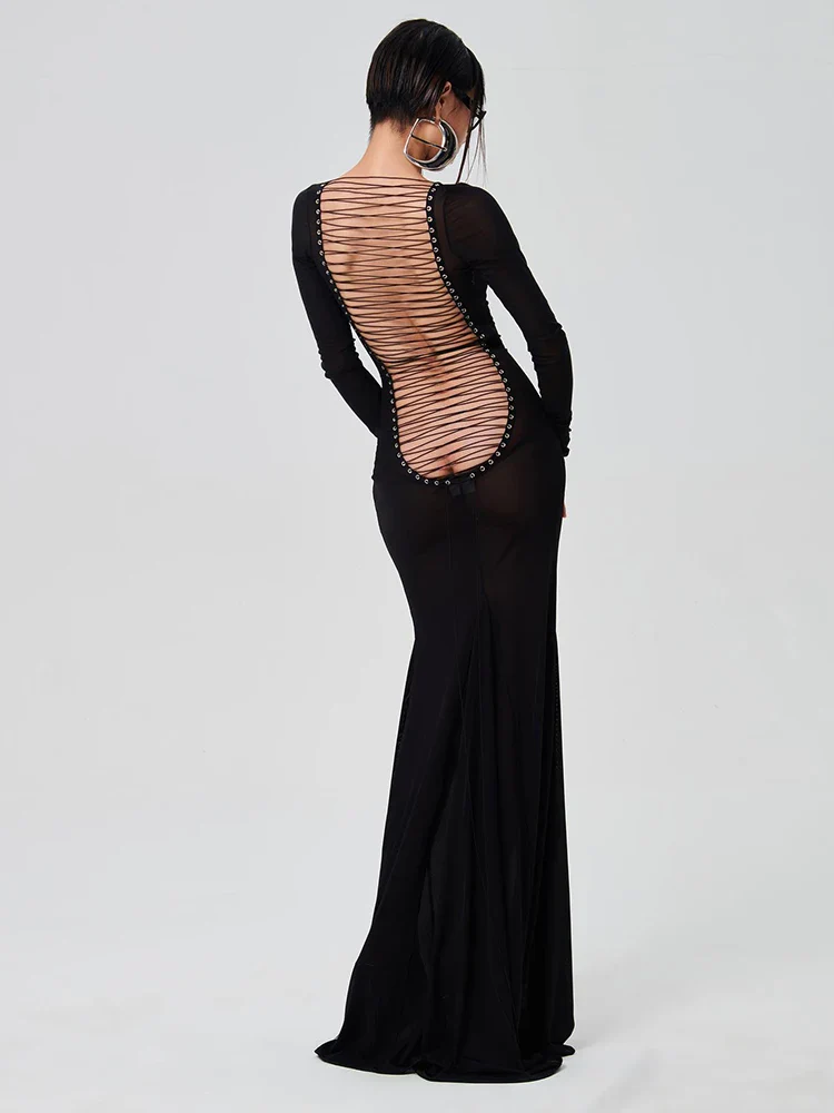 See Through Backless Long Sleeve Party Dress
