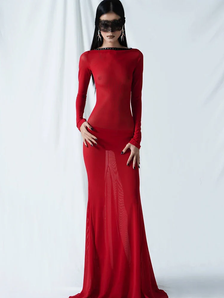 See Through Backless Long Sleeve Party Dress - Image 2