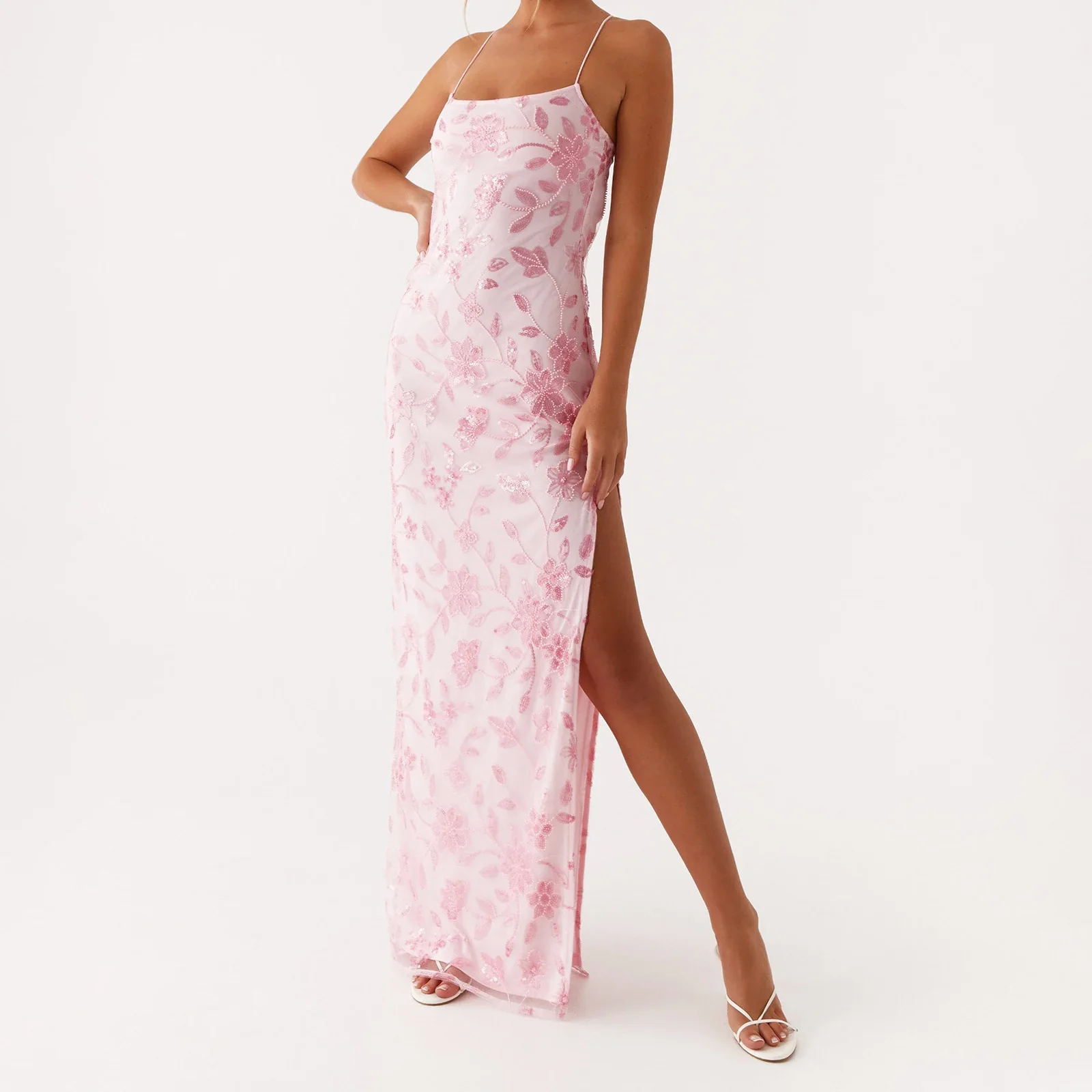 Sequin Beaded High Slit Cami Vacation Dress - Image 3