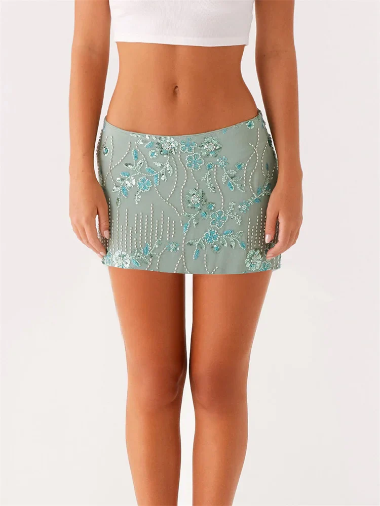 Sequined Floral Low Waist Mini Skirt