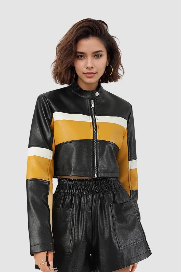 Sexy Contrast-Panel PU Stand-Collar Slim Crop Jacket - Image 2