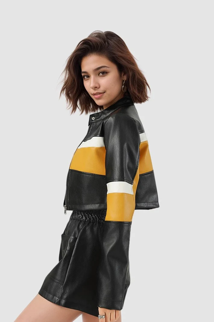 Sexy Contrast-Panel PU Stand-Collar Slim Crop Jacket - Image 3